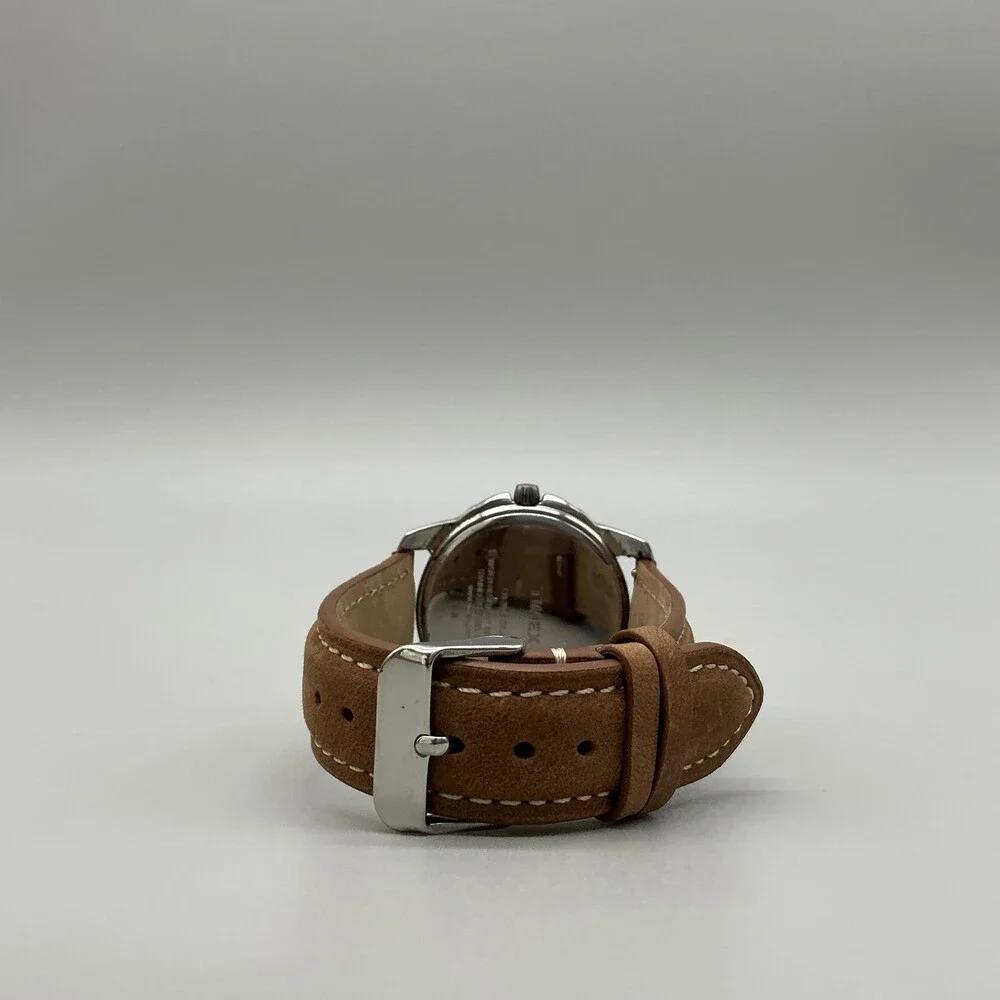 Timex Mens Watch 39mm Silver Tone Brown Leather WR 50M Stainless New Battery